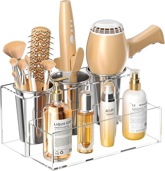 HIIMIEI Hair Tool Organizer, Acrylic Hair Dryer Holder, Bathroom Countertop Blow Dryer Stand Storage, Vanity Organizer for Accessories, Makeup, Flat Irons, Curling Irons, and Toiletries (Clear)