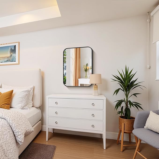 FORBATH Bathroom Mirror for Over Sink 18x24 Inch Black, Rectanglar Wall Mirror with Metal Frame, Rounded Corners for Bathroom, Bedroom, Entryway Decor (Horizontal or Vertical)