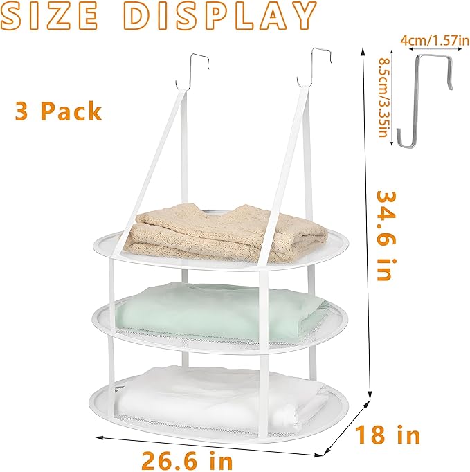 SAMJANE Sweater Drying Rack Hanging – Lay-Flat Warp-Knit Airflow Mesh for Delicates, 3-Tier Foldable Space-Saving Door-Hanging Design for Fast Drying & No Deformation in Small Spaces (White- 3 Pack)
