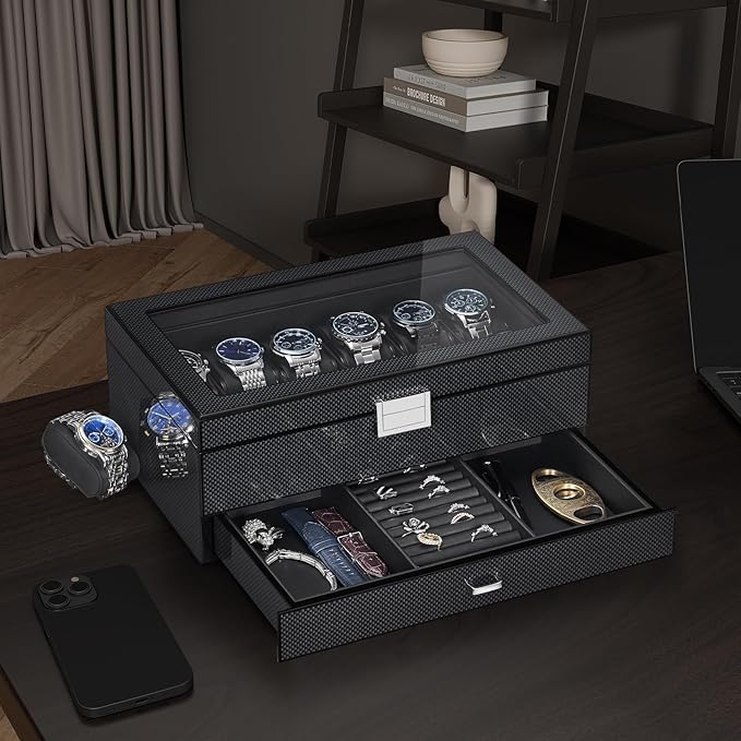 BEWISHOME High-End Watch Case, 12-Slot Wooden Watch Box with Valet Drawer, 2-Layer Watch Organizer Watch Display Case for Jewelry, Watch Storage Holder for Men Women Black SSH02A