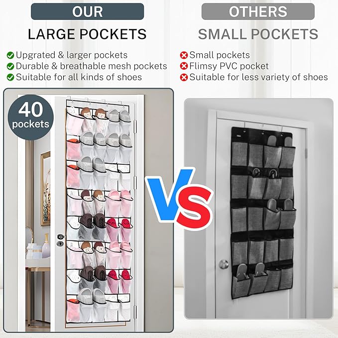 40 Large Mesh Pocket Over the Door Shoe Organizer,Hanging Shoe Rack for Door,Hualleko Shoes Organizer Hanger with Large Capacity, Shoes Storage Holder Sturdy Non-woven Fabric - Stores 20 Pairs (White)