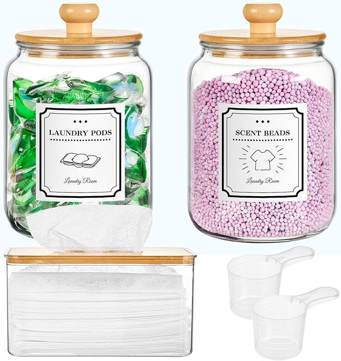 SUBEKYU Laundry Pod Containers and Dryer Sheet Holder with Lids Laundry Detergent Sheets Dispenser Laundry Room Organization Storage Box for Powder,Scent Booster Beads,Dryer Balls,Bath Salt