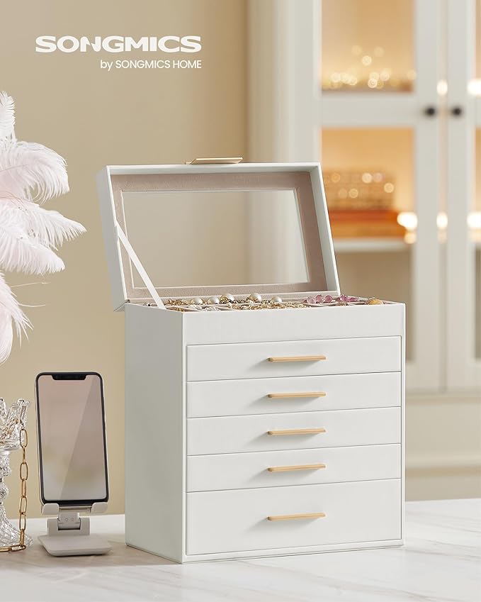 SONGMICS Jewelry Box Organizer with Glass Lid, 6-Layer Jewelry Storage, with 5 Drawers, Modern Style, 6.4 x 9.9 x 11.4 Inches, Cloud White and Gold Color UJBC171W01