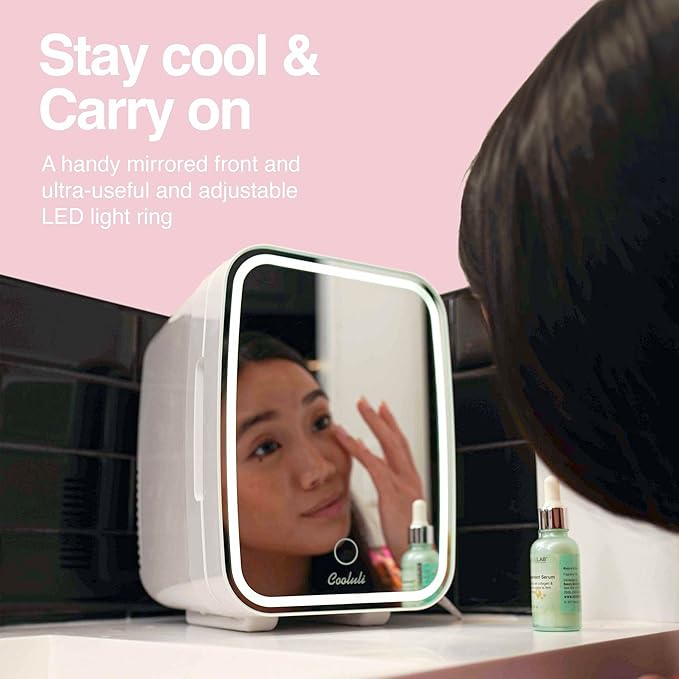 Cooluli Glow 4L Mini Skincare Fridge with Mirror & LED Light - Small Refrigerator for Skin Care, Beauty, Makeup, Cosmetics, Food & Drinks, White