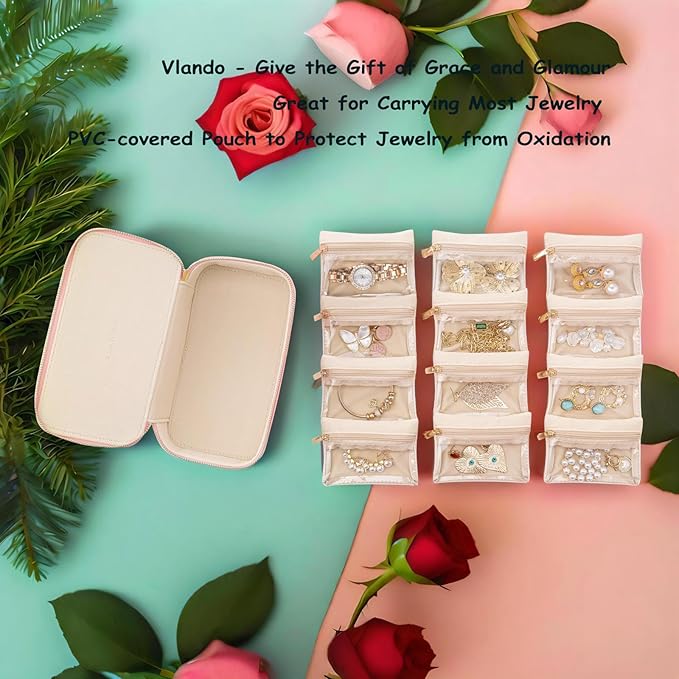 Vlando Travel Jewelry Box Organizer - 12 Small Velvet Zipped Pouches Pockets for Jewelries Necklaces Rings Earrings Sorting Storage, Lilac Purple