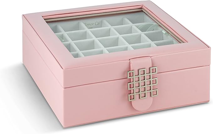 Glenor Co Earring Organizer - Classic 50 Section Jewelry Box/Case/Holder for Earrings, Rings, Necklaces, Jewelry, Cufflinks or Collections -2 Layer Small Compartments with Large Glass Top - Soft Pink