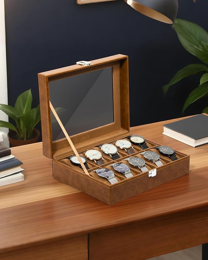 Uten 10-Slot Watch Box, PU Leather Watch Case with Glass Lid, Watch Holder Organizer with Soft Pillow and Velvet Lining, Watch and Jewelry Storage Box
