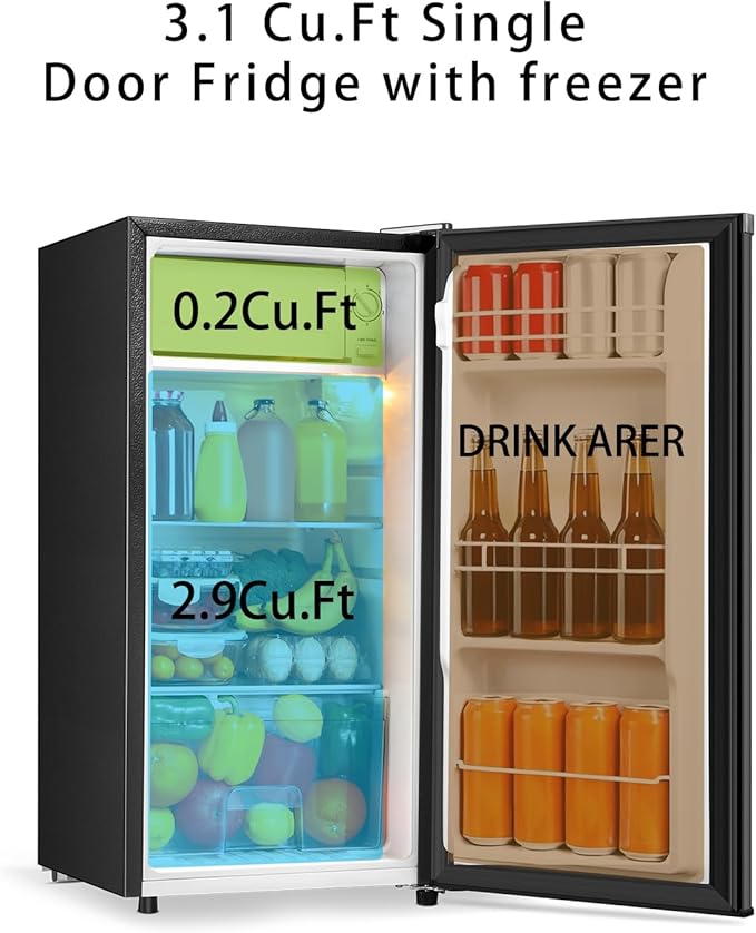 Seaoola Mini Fridge with Freezer, Single Door 3.1 Cu.Ft, Compact Mini Refrigerator, LED Light, Adjustable Thermostat, Removable Glass Shelves, Small Refrigerator for Dorm/Office/Bedroom(Black)