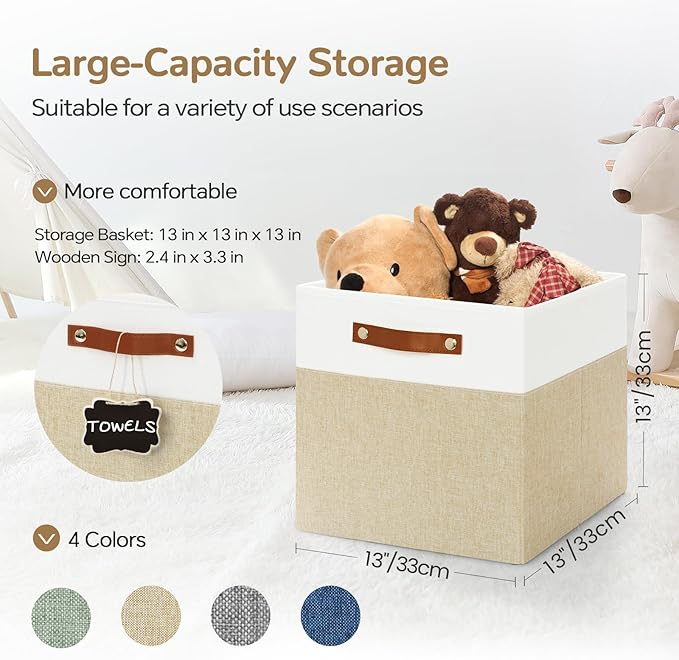 13x13 Storage Cubes 4-Pack, Large Foldable Fabric Cube Storage Bin with Reinforced Bottom and Labels, Organizer Baskets for Shelves, Closets(White/Khaki)