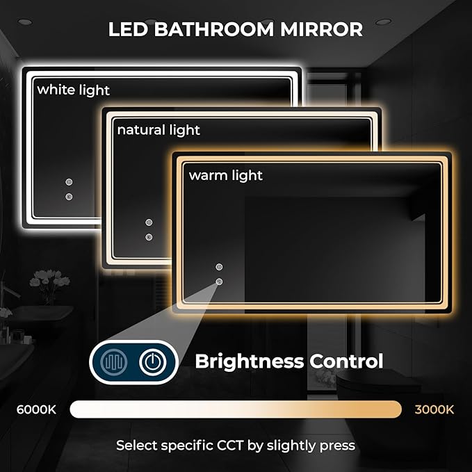 WallBeyond LED Bathroom Mirror with Lights, 28'' x 48'' Inch Led Bathroom Vanity Mirror for Wall with Front and Backlit, Anti Fog Mirror for Bathroom, 3 Colors and Dimmable Light, Horizontal/Vertical