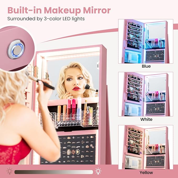 CHARMAID 360° Rotating Jewelry Armoire with LED Lighted Full Length Mirror & Built-in Vanity Mirror, Lockable Standing Jewelry Cabinet with Lights, Large Storage Organizer for Jewelry (Pink)