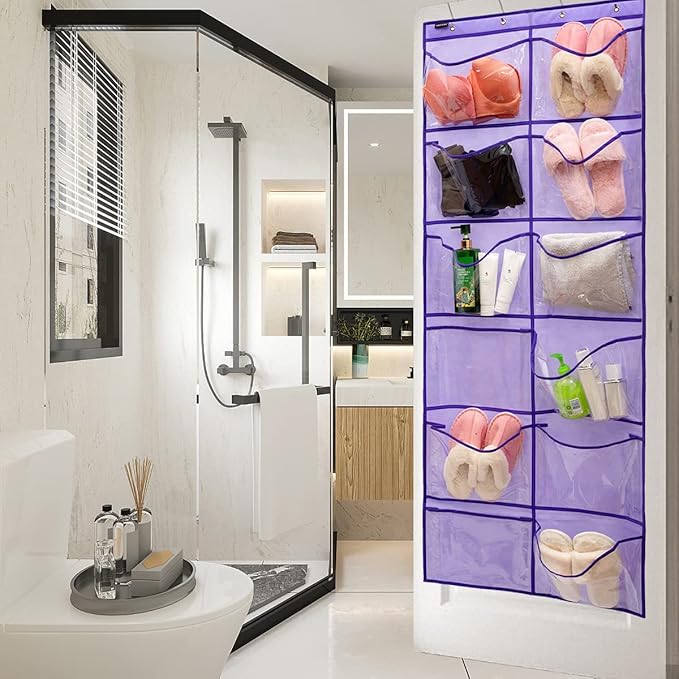 Extra Large Pocket Shoe Organizer - Hanging Shoe Rack with 12 Clear Pockets (Purple)
