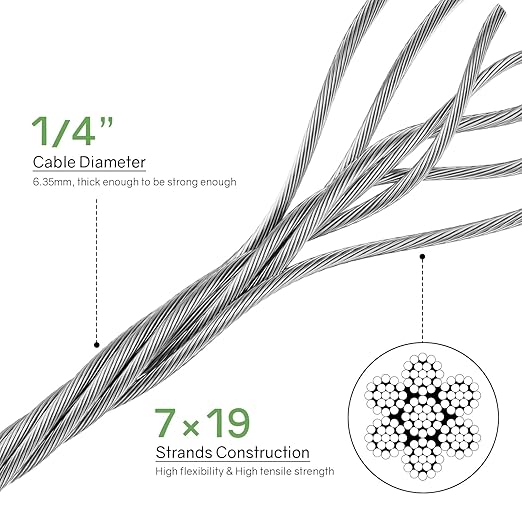 NEREUS 1/4" Stainless Steel Cable 250FT, 7x19 Strand Heavy-Duty Wire Rope with Clamps & Thimbles, 6400 lbs Breaking Strength for Backyard Zipline, Deck Railing, Clothesline and Outdoor Use