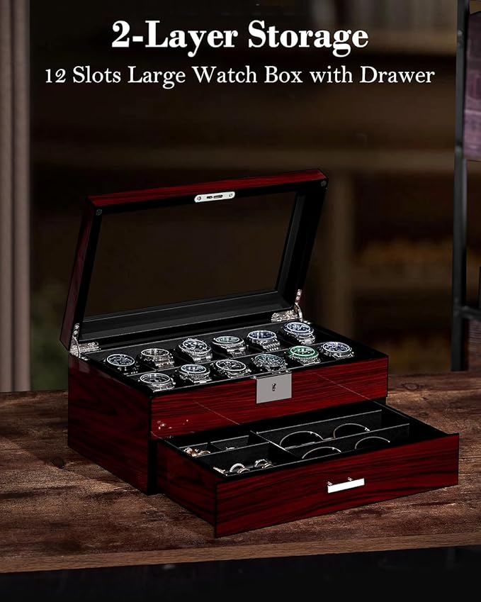 ANWBROAD Watch Box for Men, 12 slot Watch Cases with Glass Lid, 2-Layer Wooden Watch Display Case for Jewelry and Watch Organizer for Men Women, Ideal for Gifting with a Present Box, Lockable UJWB003Y