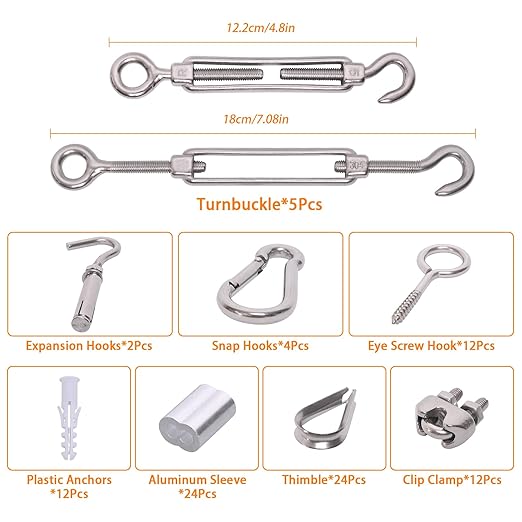 300FT 1/8" Wire Rope Kit, Vinyl Coated 304 Stainless Steel Wire Cable, 7x7 Strands 920LBS Breaking Strength, M5 Turnbuckle, String Light Hanging Kit for Outdoor, Garden, Clothesline