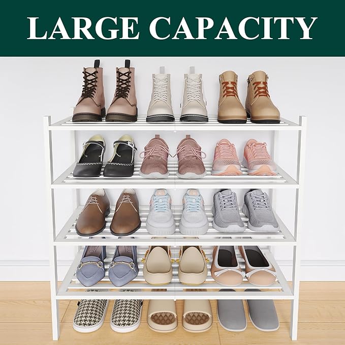 Smiry Bamboo Shoe Rack 4-Tier, Stackable Wooden Shoe Organizer for Entryway & Closet, Free Standing Wood Shoe Storage Shelf for Front Door & Small Spaces, White