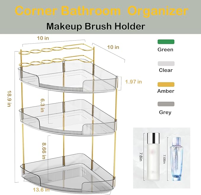 FELIZHOUSE 3-Tier Makeup Organizer for Vanity & Bathroom Countertop – Acrylic Storage Shelf with Perfume Tray & Makeup Brush Holder, Tool-Free Installation, Design for Bathroom & Dresser - Grey