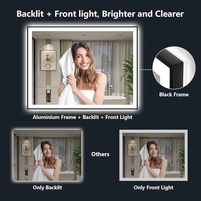 44x36 Inch LED Bathroom Mirror with Lights (Front Lit and Backlit) Black Framed Lighted Vanity Mirror for Bathroom Wall Dimmable Anti-Fog Memory Tempered Glass Horizontal/Vertical