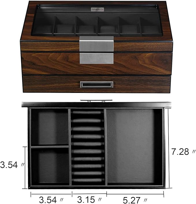 12 Slot Wooden Watch Box - Premium Walnut Men's Watch Display Case with Valet Drawer, Real Glass Window & Luxury Leather Interior