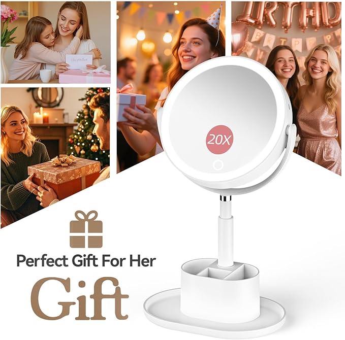 Shinowa Makeup Mirror with Lights, 1X/20X Lighted Makeup Mirror with Storage for Makeup & Jewelry, 2-Sided Height Adjustable Magnifying Mirror with 3 Color Lights, 360° Rotation & Rechargeable, White