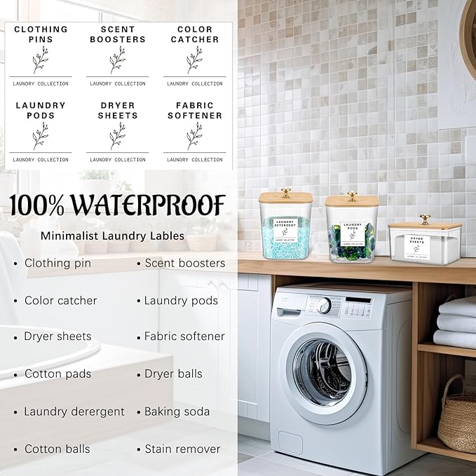 5 Pcs Laundry Room Organization Storage Containers 4 Large 3L Laundry Pod Containers and Dryer Sheet Holder with Bamboo Lids 18 Labels 4 Scoops for Detergent Powder Laundry Organizer