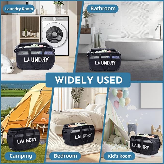 Collapsible Laundry Basket 2 pack, Foldable Pop Up Black Laundry Baskets Mesh with Lid & Handle, Pop Up Collapsible Laundrys Hamper, Fabric Laundrys Baskets for Dorm, Travel, Bathroom