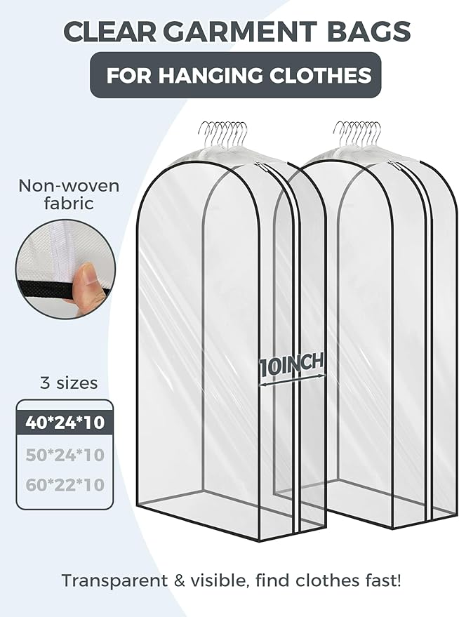 4 pcs 60" Garment Bags for Hanging Clothes, Clear Suit Bags for Closet Storage Clothing Storage, Garment Bags for Travel Covers with 10" Gussets for Coats, Jackets, Shirts and Sweater