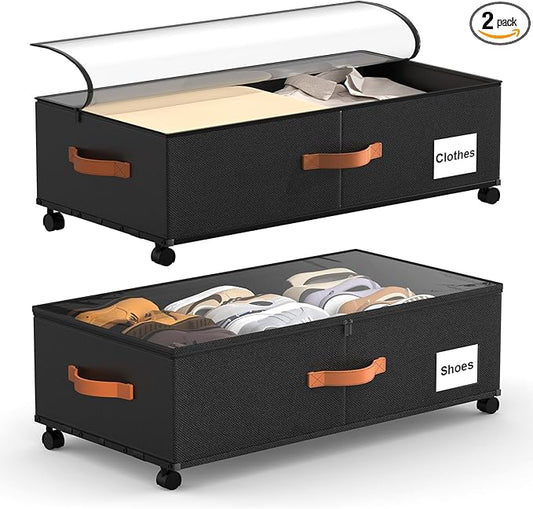 Under Bed Storage Containers with Wheels, 9.5 inches Higher Underbed Shoes Blankets Clothes Toy Storage Drawers for College Dorms Bedrooms Nursery Rooms Organization, 2 Pack to be Assembled