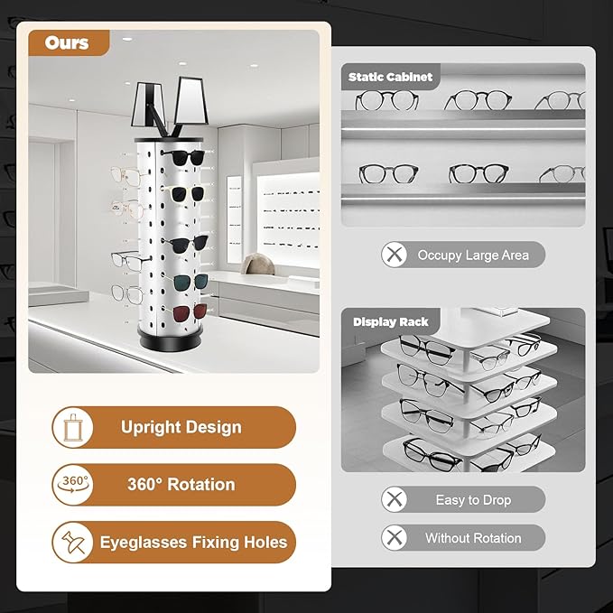 Rotating Glasses Display Stand Sunglass Holder, 44 Pairs Glasses Display Organizer with Mirror, Commercial Countertop Sunglasses Display Rack Sunglasses Holder Organizer (Round)