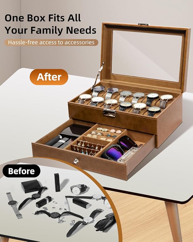 Uten 12-Slot Watch Box, 2-Layers PU Leather Watch Case with Glass Lid, Watch Holder Organizer with Soft Pillow and Velvet Lining, Watch and Jewelry Storage Box, Brown