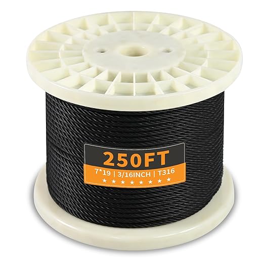 T316 Black 3/16“ Stainless Steel Cable, 250ft Wire Rope 7x19 Strands Aircraft Cable 3700lbs Breaking Strength, Wire Cable Rop for Deck Railing, String Lights, Fence, Clothesline &Yard Zipline