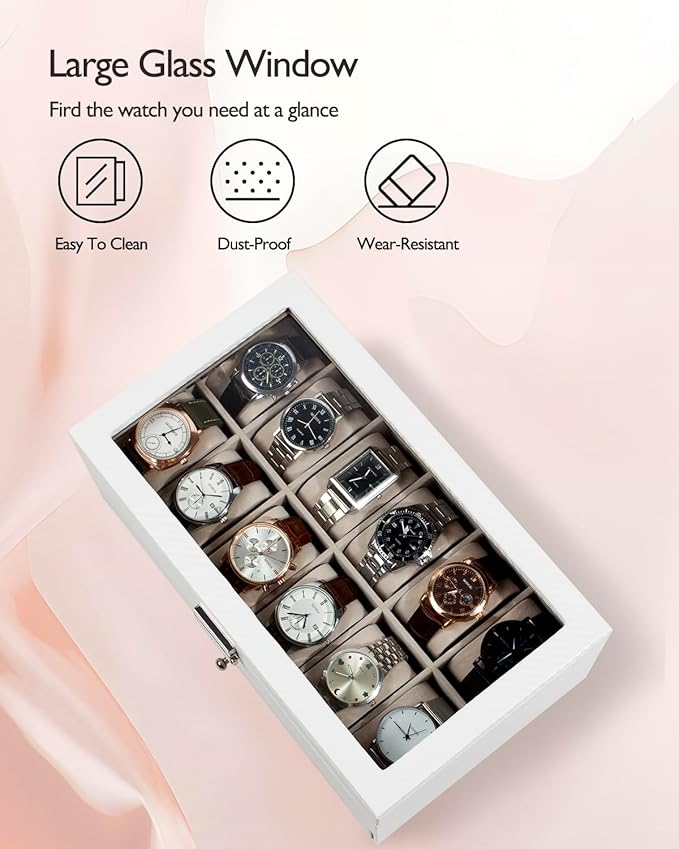 GUKA Watch Box, 12 Slot Watch Case, Watch Cases for men with Real Glass Lid, Synthetic Leather Watch Organizer storage with Jewelry Case, Birthday for Men and Women, White, GK-012-WTC