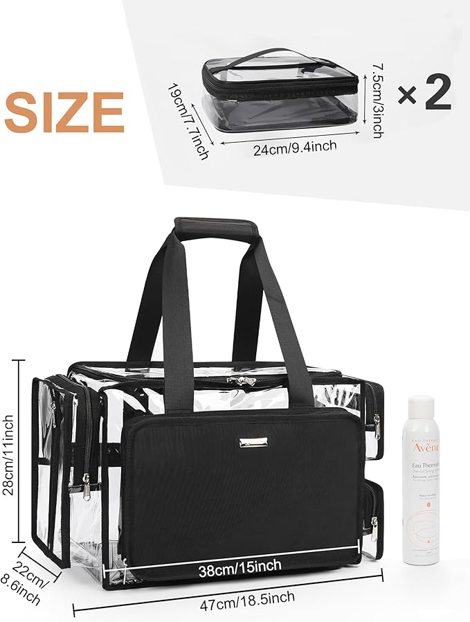 Relavel Clear Makeup Bag with 2 Clear Pouches, Extra Large Makeup Artist Kit Set, Cosmetic Storage Organizer Hair Stylist Traveling Bag, Transparent Tote Duffle Beach Toiletry Bag with Shoulder Strap