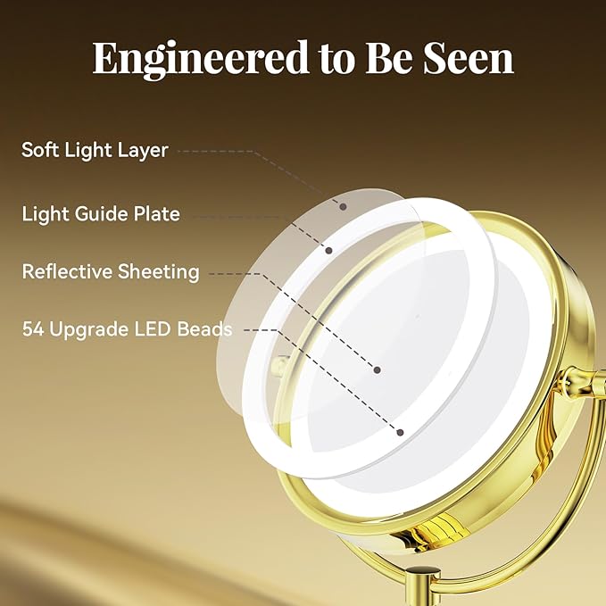 GURUN 8.5 Inch LED Lighted Tabletop Makeup Mirror with 10x Magnification Dimmable 3 Colors Touch Control 4500mAh Double Sided Gold Finish 2208D-T(10x, Gold)