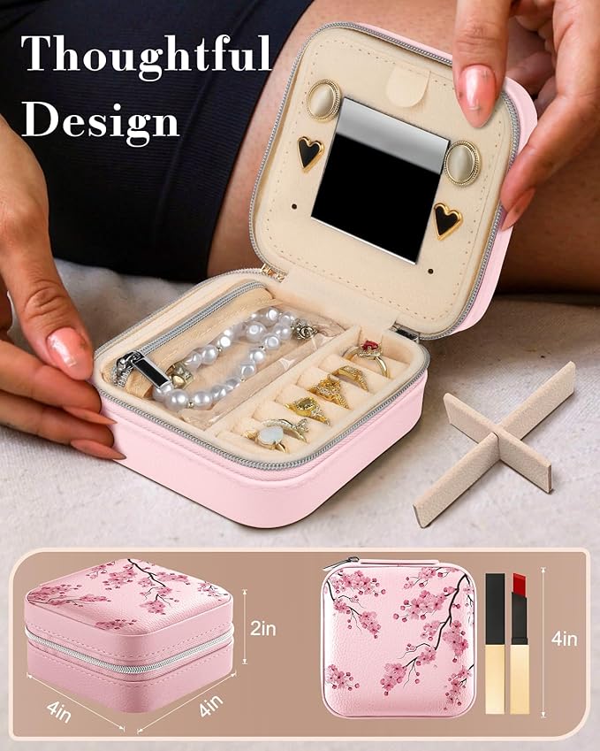 Bistup Travel Jewelry Case - Small Jewelry Organizers and Storage Box for Women Girls Teens Cute Traveling Jewelry Holder with Mirror Little Tiny Compact Modern Unique Aesthetic Pretty, Peach Blossom