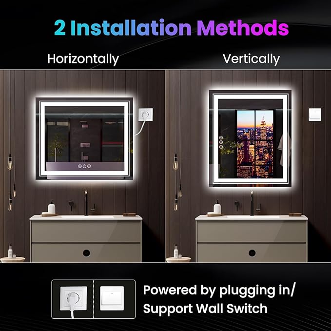LED Mirror for Bathroom, 55"X30" with 8 RGB Backlit +3 Front Lit (Adjustable Individually), Anti-Fog, Large Lighted Bathroom Vanity Mirror for Wall,Shatterproof,Memory Function,Tempered Glass