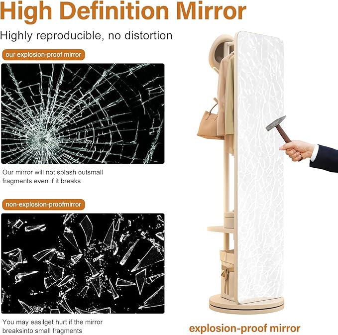 70"x19"Full Length Mirror with Stand,Coat Rack with Mirror,Solid Wood Floor Mirror,Swivel Mirrorfor Bedroom, Living Room, Cloakroom