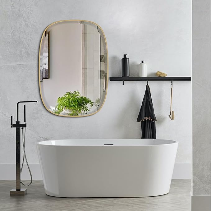 POZINO Gold Bathroom Mirror, 24"x32" Brass Rounded Rectangle Mirrors, Brushed Beveled Mirrors for Over Sink, Modern Vanity Wall Mirror in Premium Stainless Steel Frame Hangs Horizontal Or Vertical