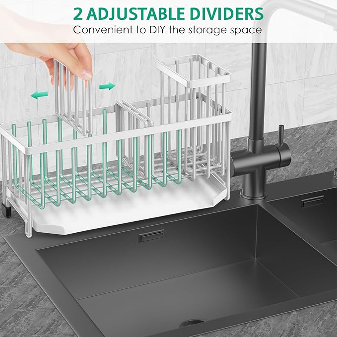TomCare Sponge Holder for Kitchen Sink 11'' Large Sink Organizer Caddy with Drain Tray Brush Holder Rustproof with 2 Adjustable Dividers Durable Kitchen Storage Accessories for Counter, Silver Grey