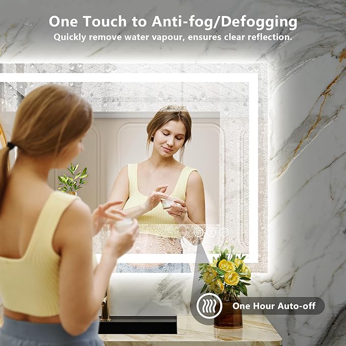 50x36 Inch LED Bathroom Mirror with Lights Front and Backlit Lighted Vanity Mirror for Bathroom Wall with 3 Colors Dimmable Anti-Fog Memory Shatter-Proof IP54 Waterproof Horizontal/Vertical
