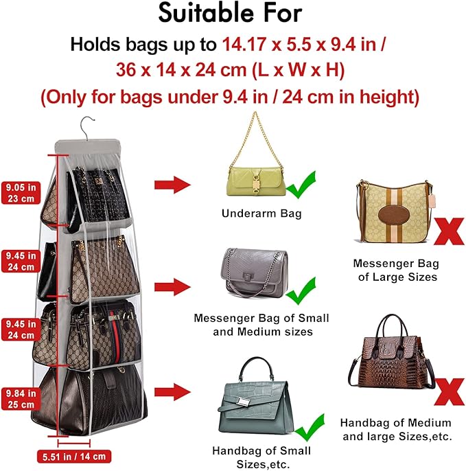 Lirex 2-Pack Handbag Hanging Purse Organizer for Closet, 8 Pocket Handbag Storage Organizer Hanger Oxford Cloth Closet Organizer for Family Closet Bedroom, Foldable and Universal Fit, Grey