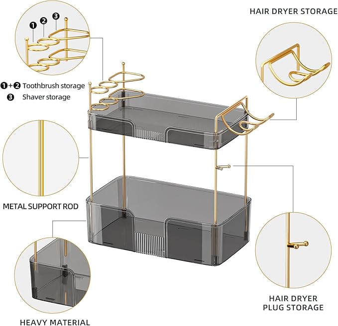 2 Tier Bathroom Organizer Countertop Makeup Perfume Tray Skincare Organizer Comes with Hair Dryer Rack and Toothbrush Holder for Bathroom Dresser Vanity (Grey)