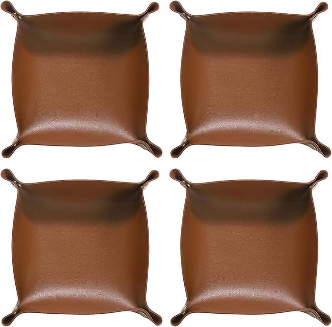 HARFINGTON 4pcs PU Leather Valet Tray Unisex Folding Small Catchall Tray Portable Entryway Table Tray Nightstand Bedside Desk Tray for Key Wallet Watch Coin Jewelry Dice, Brown