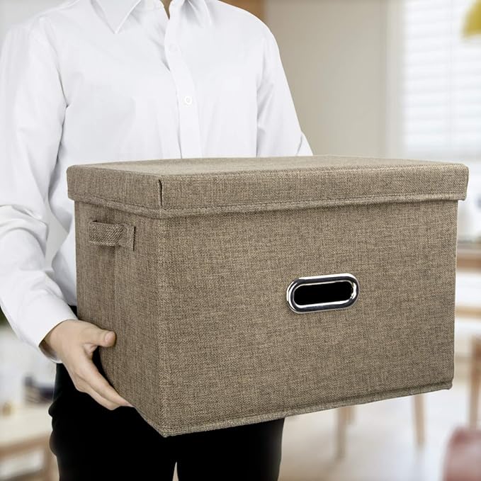 Sturdy Fabric Cube Storage Bin Minimalist Portable Storage Container Space-saving Storage Box with Lids, 15" x 11" x 10.2", Brown