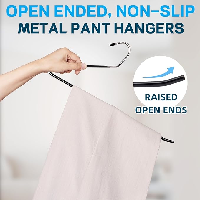 Amber Home 15" Metal Pants Hangers 20 Pack, Non Slip Open Ended Slacks Pants Hangers, Black Trouser and Jean Hanger for Closet, Space Saving Clothes Hanger Strong and Durable