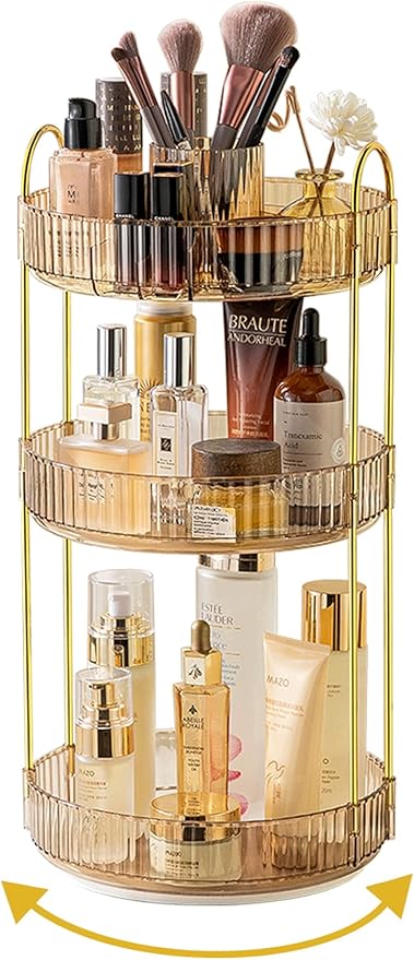 360 Rotating Makeup Organizer,3 Tier Large Capacity Make Up Organizers and Storage,Skincare Perfume Vanity Organizers,Bathroom Cosmetics Storage Organizer Countertop(Gold)