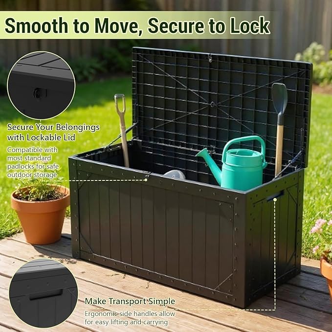 110 Gallon Resin Deck Box Waterproof Outdoor Storage Box for Patio Furniture Pool Accessories Indoor Storage for Cushion Garden Tools, Black