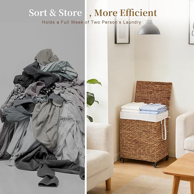 2-Section Laundry Hamper with Lid, Large Capacity Woven Natural Water Hyacinth Laundry Sorter with Removable Liners, Rolling or Non-Slip Design for Bedroom (Espresso, 2-Section)