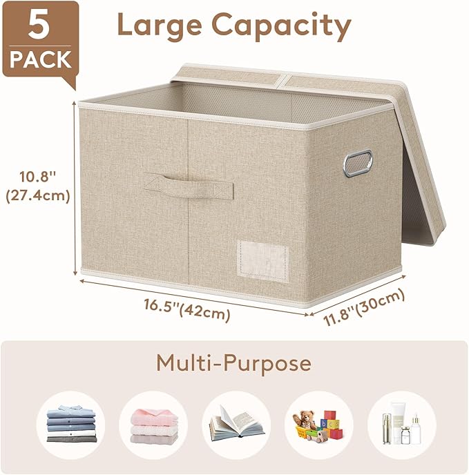 Lifewit Clothes Storage Bins with Lids, Fabric Foldable Storage Boxes with Handles, Decorative Closet Organizer, Stackable Cube Baskets Container for Bedroom, Office, 34.5L Large Beige, 5 Packs