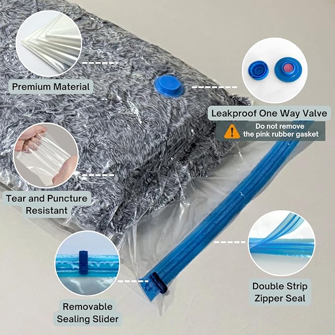 10 XL Jumbo Vacuum Storage Bags with Pump, Extra Large Compression Space Saver for Comforter, Duvet, Bedding, Blanket Storage, Vacuum Seal Bags for Clothing, Luggage Closet Organizer